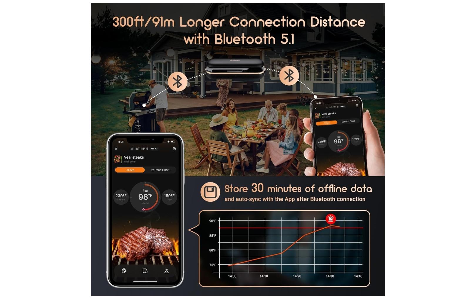 Temperatursonde INT-11-P-BKeine Kabel, keine Unordnung, kein Datenverlust Kabelloses BBQ-Thermometer
