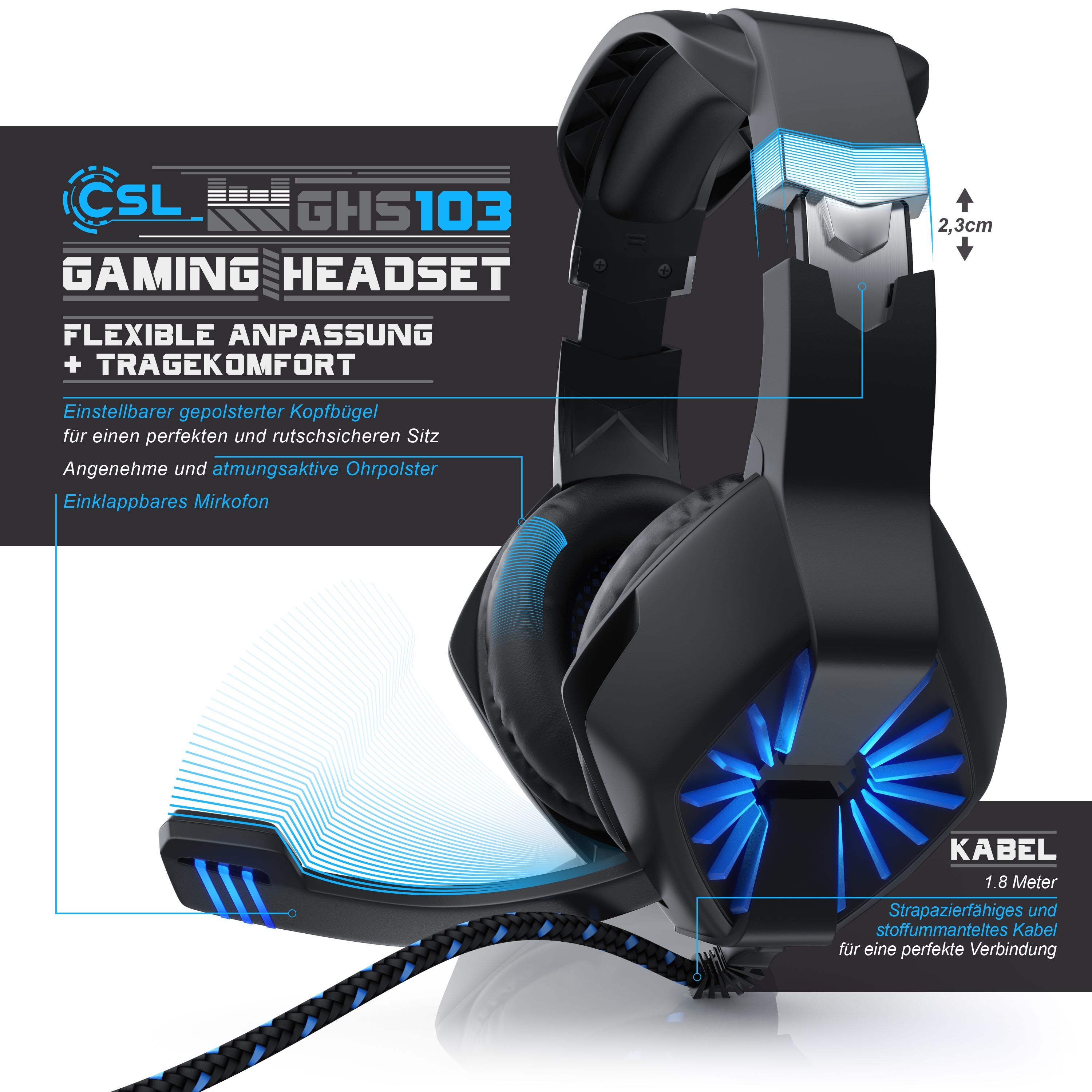 CSL USB Gaming Headset GHS-102 mit Mikrofon - Kopfhörer für PC (Win XP/7/8/8.1/10), PS4/4 Pro