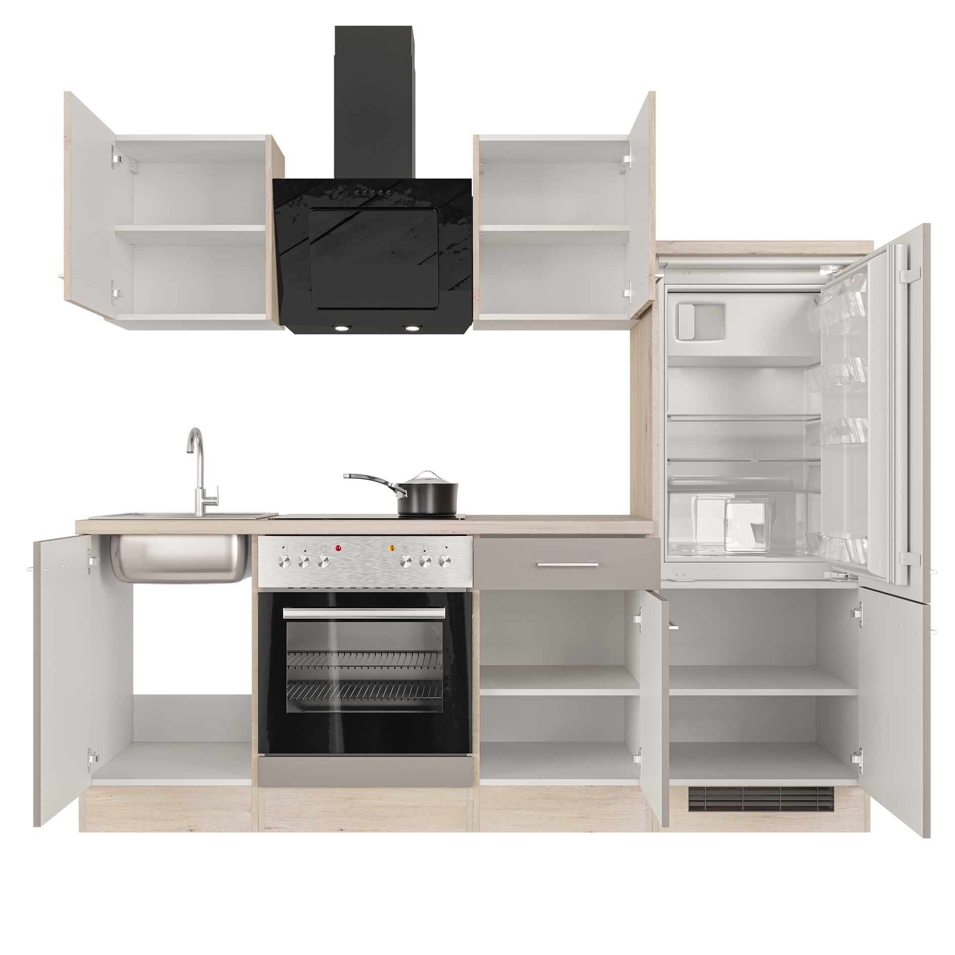 Küchenblock RIVA - Quarz Cubanit - San Remo Eiche hell - mit E-Geräten - 220 cm