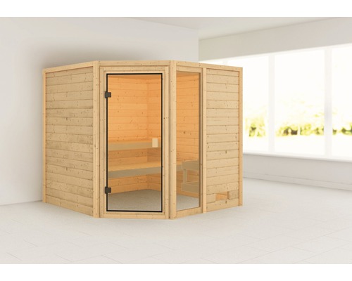 Karibu Tabea blokhutsauna zonder kachel en dakrand, met gebronsde volledig glazen deur