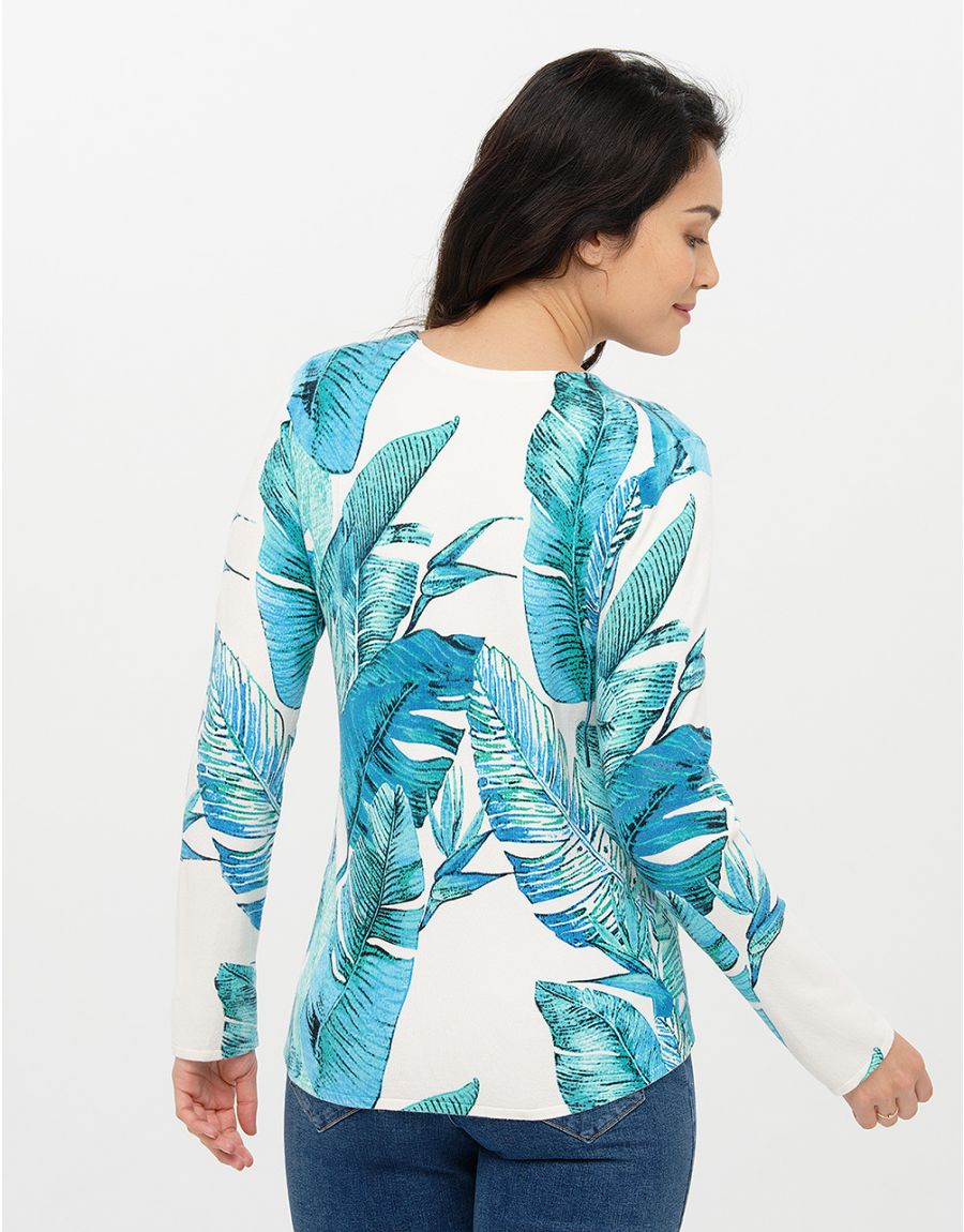 Pull blanc bleu plumes