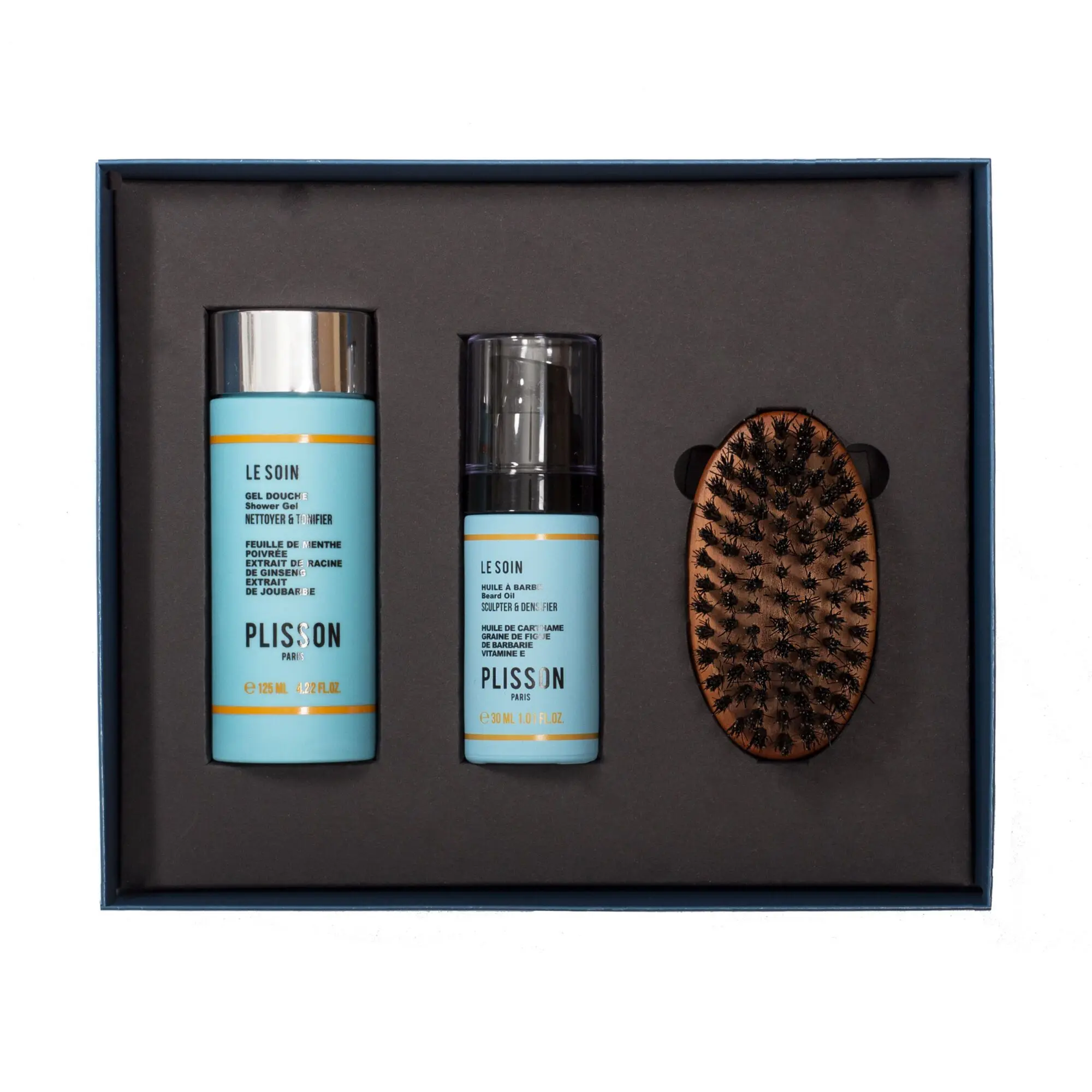 Plisson - Le Soin Coffret Barbe d'ange : Huile à barbe, Gel Douche 3 en 1 et Brosse à barbe en bois Flacon pompe en verre de 30 mlFlacon capsule twist de 125 ml - Huile pour barbe
