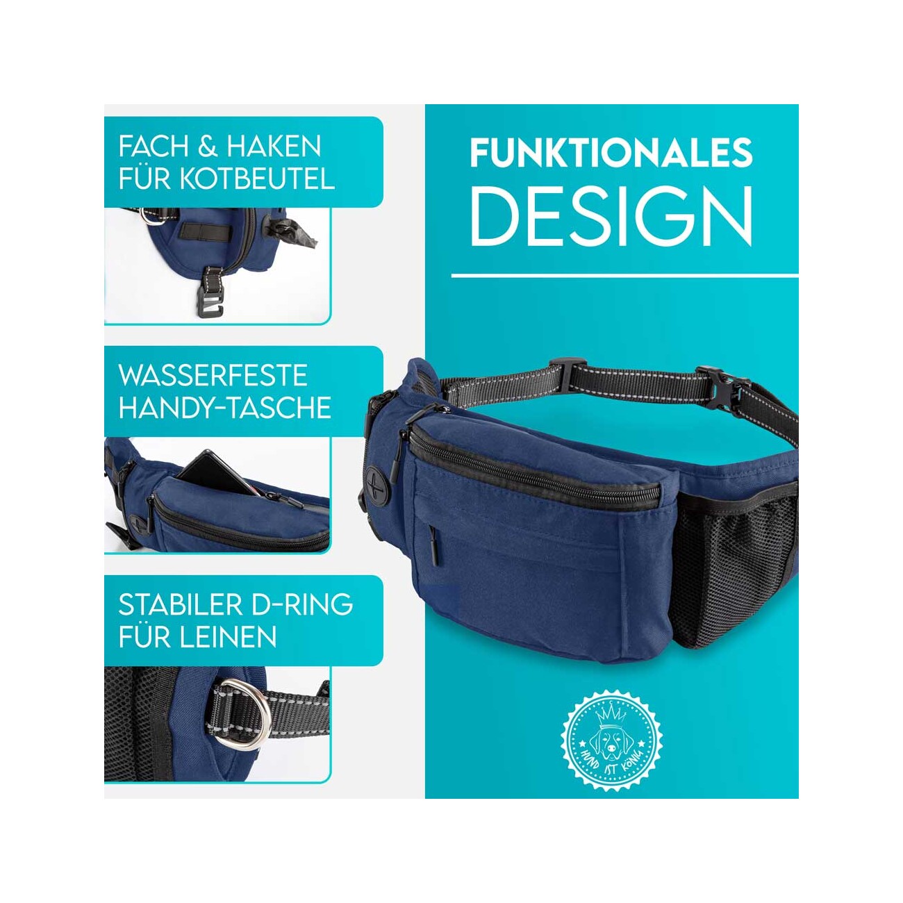 HUND IST KÖNIG ® Bauchtasche für Leckerlis & Hundezubehör dunkelblau