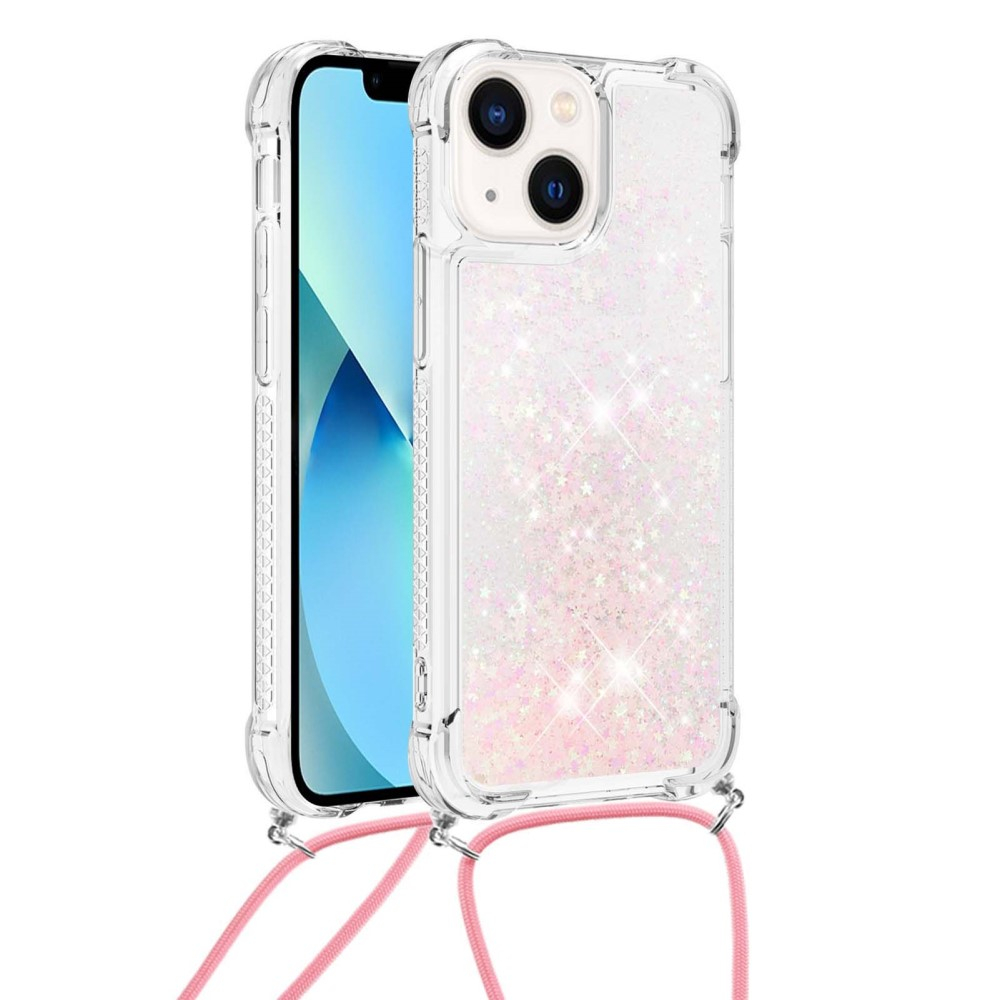 iPhone 15 Necklace Gummi Hülle Liquid Glitzer   Handykette (130cm) - Rosa