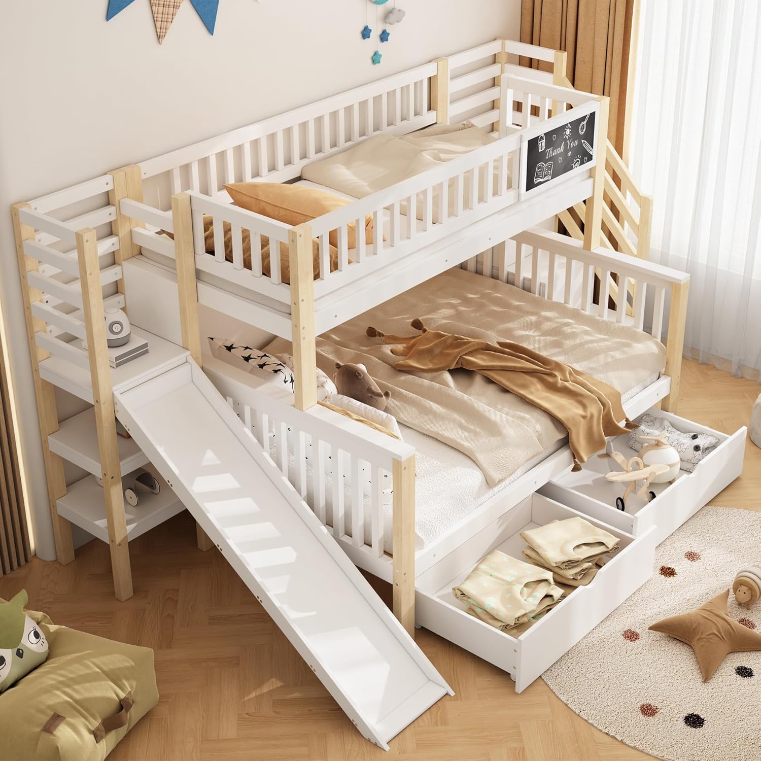 Kinderbett Etagenbett mit Stauraum Treppe& 2 Schublade&Rutsche&Tafel, Hausbett Hochbett mit Lattenrost & Rausfallschutz, Holzbett für Kinder, ohne Matratze