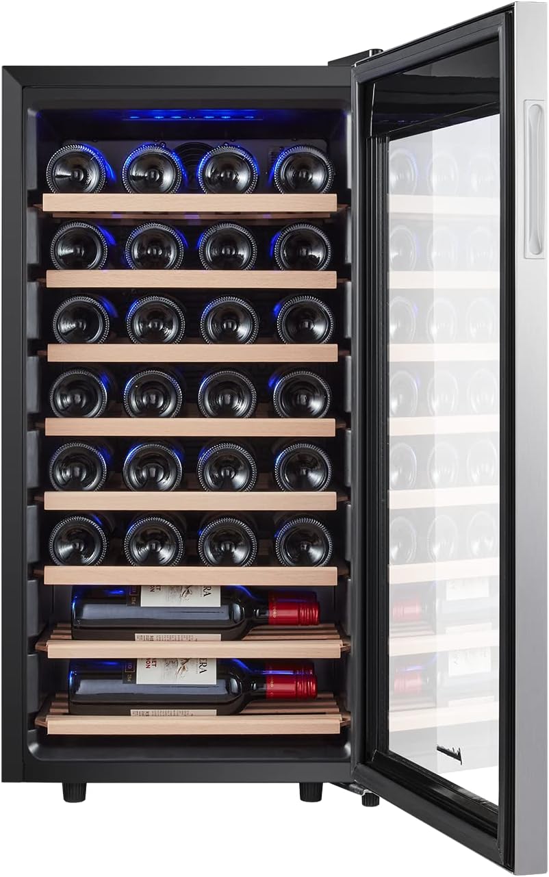 Kalamera Weinkühlschrank, 28 Flaschen 86 Liter, Touch-Bedienfeld, Edelstahl Glastür, 5-18°C Kühlzone, Abnehmbar Holzauflagen, KRC-86FCSS-W