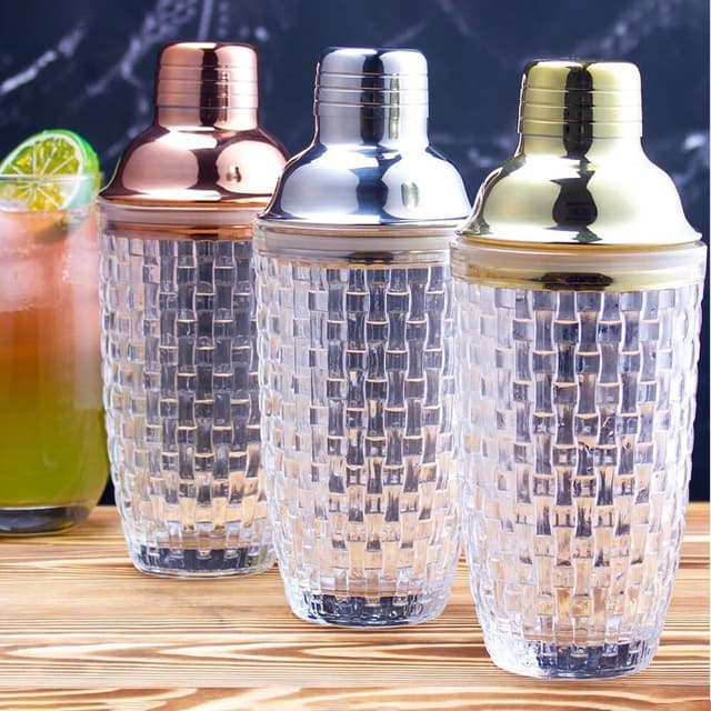 385 ml Cocktail Shaker vævet tekstur glas + låg i rustfri stål kop