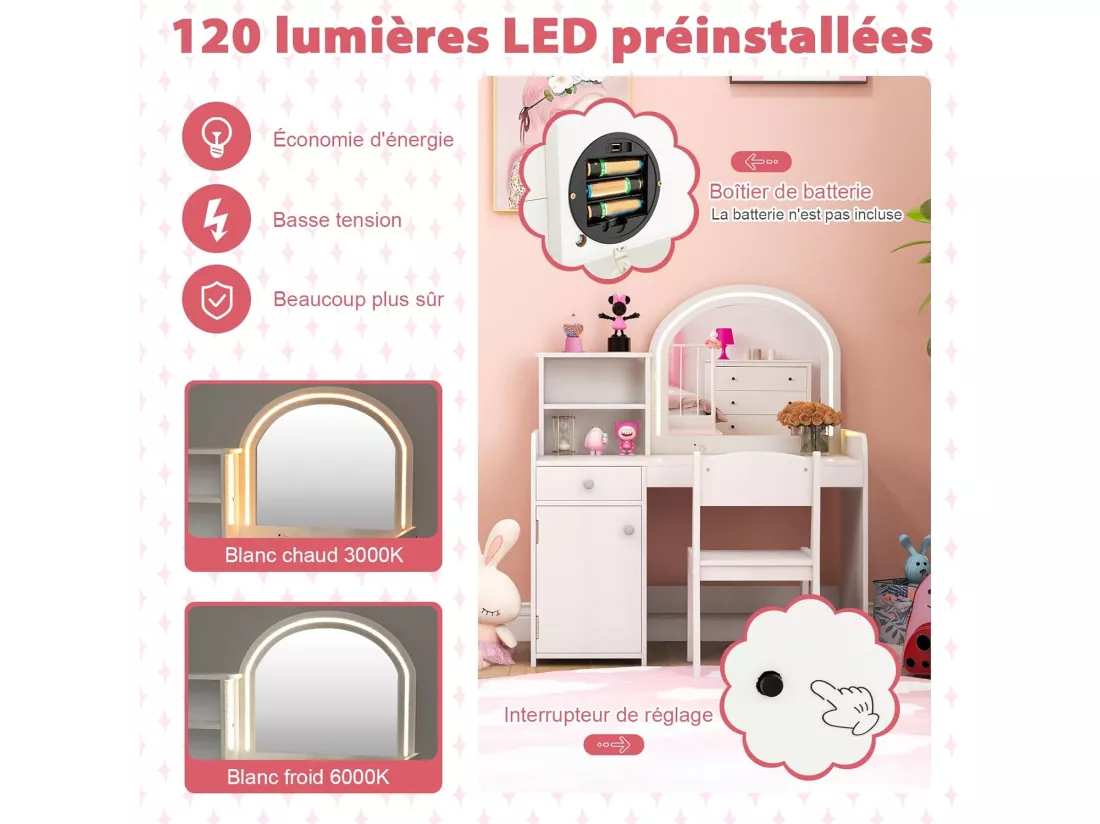 2 en 1 Bureau Enfants avec Chaise & 120 Lumières LED, Coiffeuse Enfants Fille avec Miroir Acrylique, 2 Etagères & Tiroir, Dispositif Anti-basculement, Charge 50kg pour Enfants de 3 Ans+