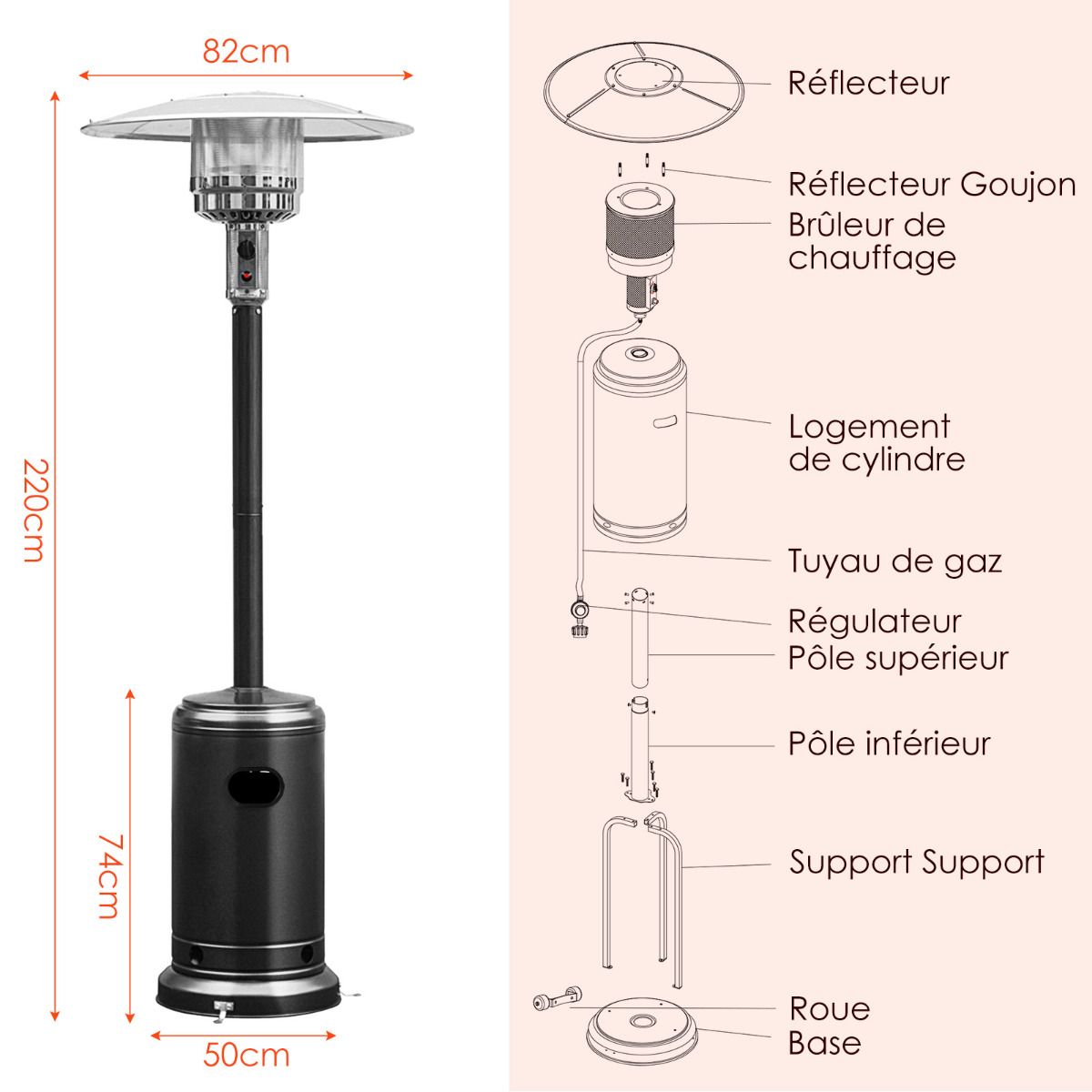 Parasol Chauffage Extérieur à Gaz 13KW Réflecteur 82cm avec Dispositif de Anti-basculement Tube 2 Roues Fluide 220cm Noir - Lidl-Manfred