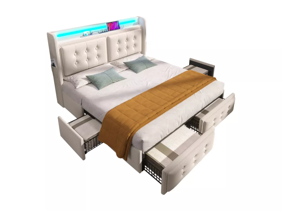 Lit capitonné 160 x 200 cm avec 4 tiroirs, tête de lit LED, prise USB Type-C - Tissu en coton - Beige (sans matelas)