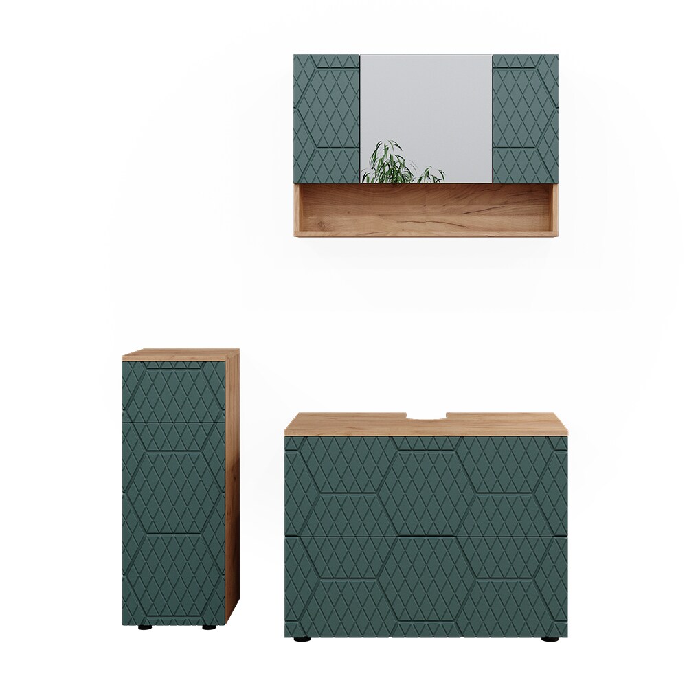 Vicco Badmöbel-Set Irma Eiche Grün 3-teilig Midischrank 81 cm Waschbeckenschrank 80 cm