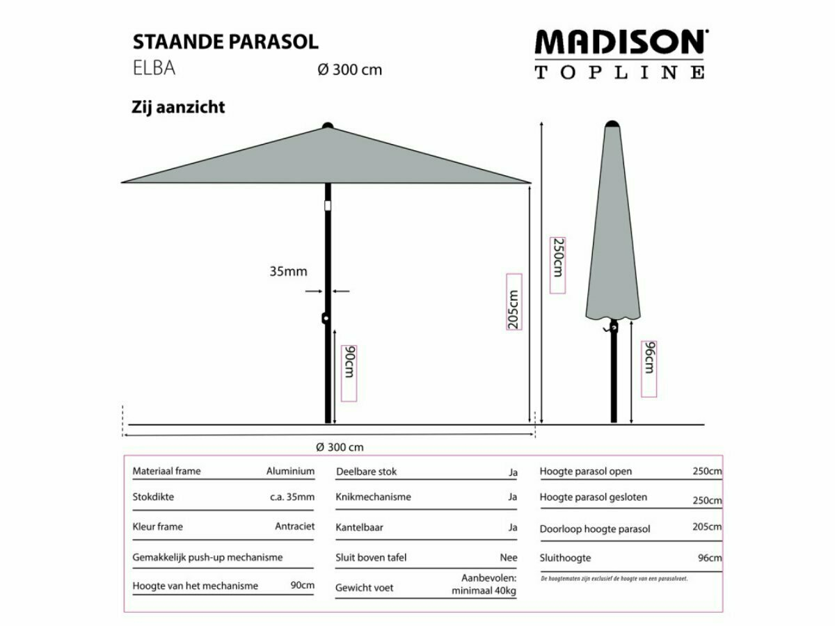 Madison Elba 300 cm push-up parasol - Grey