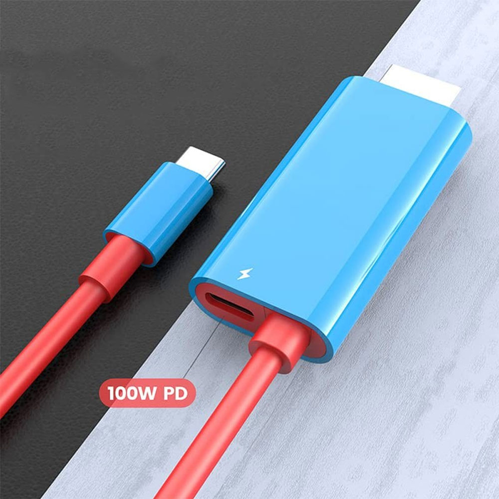 (2m) USB C auf HDMI 4K Ultra HD Adapter Kabel Dockingstation mit USB C (PD/100W) für Nintendo Switch / OLED - Rot / Blau