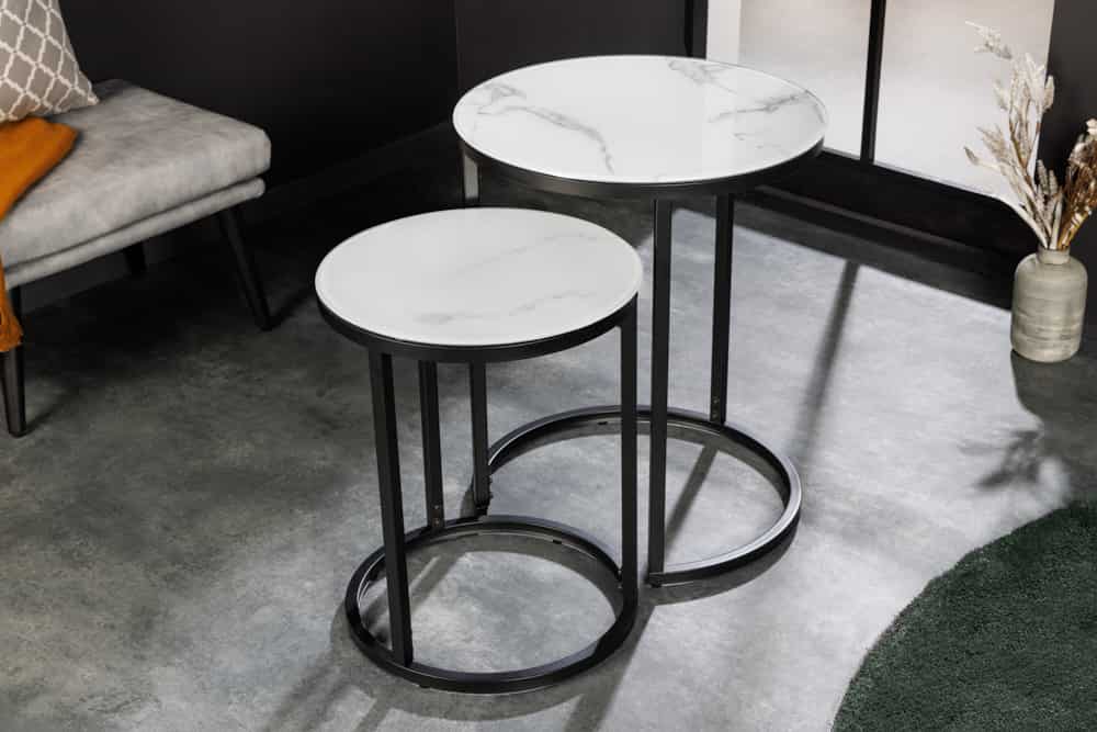 Design Beistelltisch ELEGANCE 2er Set weiß rund Kristallglas mit Marmor-Dekor schwarzes Gestell