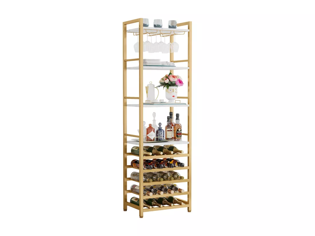 Casier à Vin, Étagère à Bouteilles Autonome à 9 étages avec Support en Verre et étagères de Rangement, , Blanc et doré