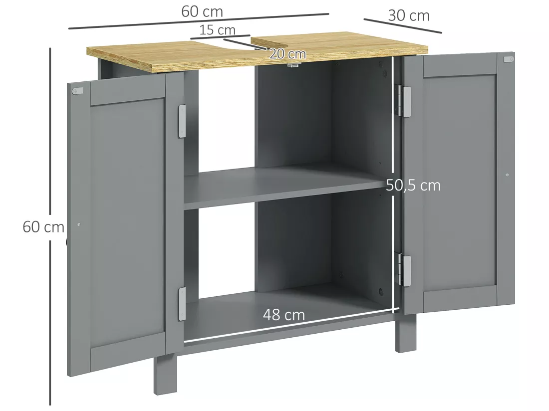Meuble salle de bain sur pied - meuble sous-vasque - 2 portes, étagère - MDF panneaux aspect bois clair gris
