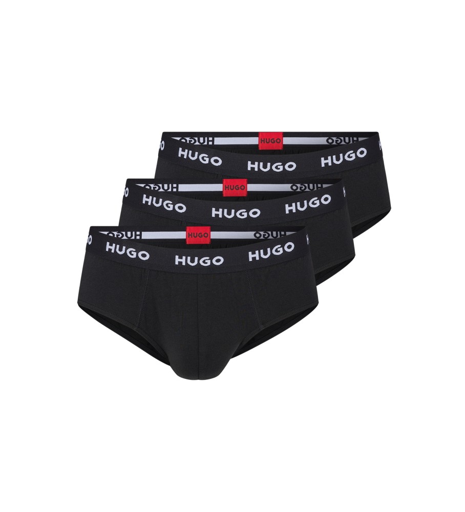 Conjunto de 3 cuecas HUGO em algodão elástico com logotipo preto.