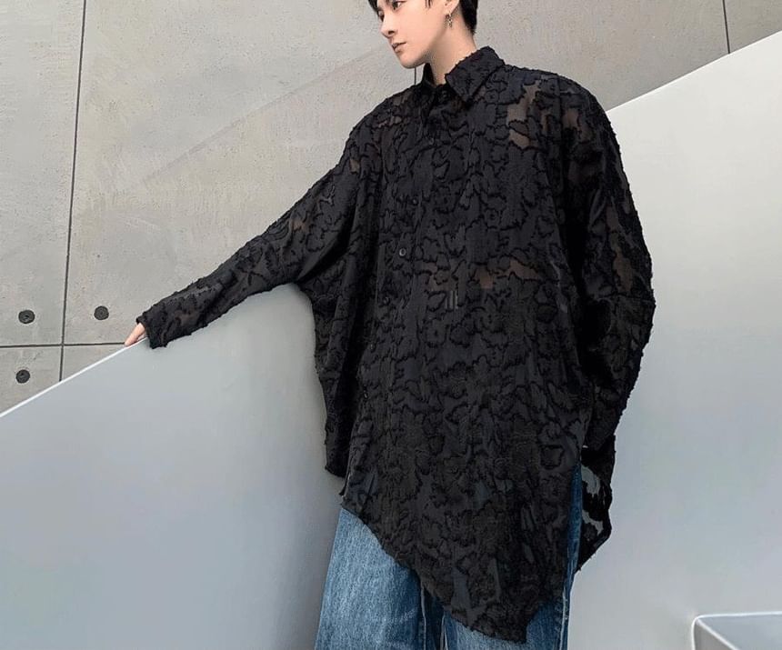 Bjorn - Asymmetrisch jacquard mesh overhemd met lange mouwen en knoopjes