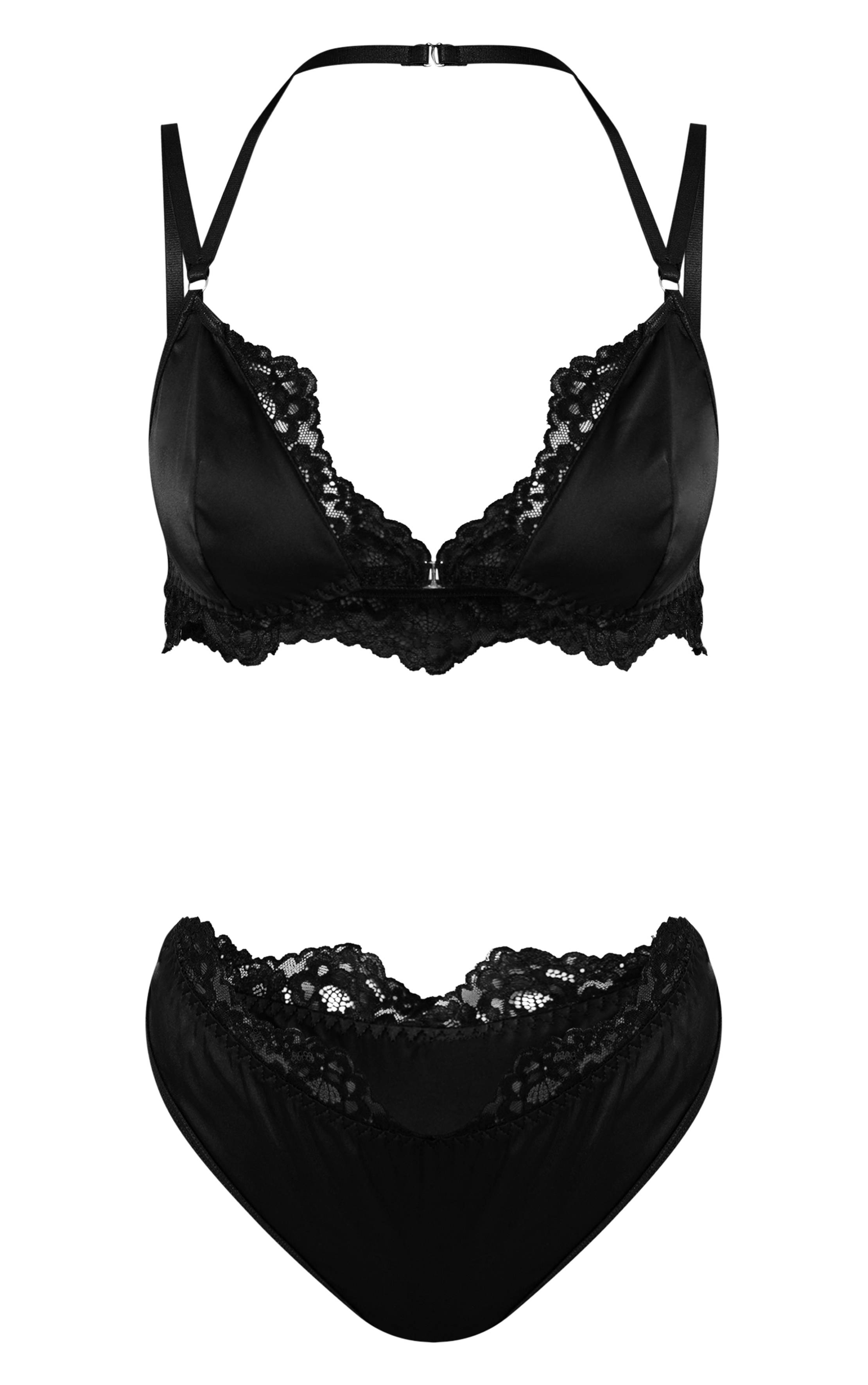 Noir Ensemble Soutien-gorge Et Culotte En Satin Avec Détails En Dentelle