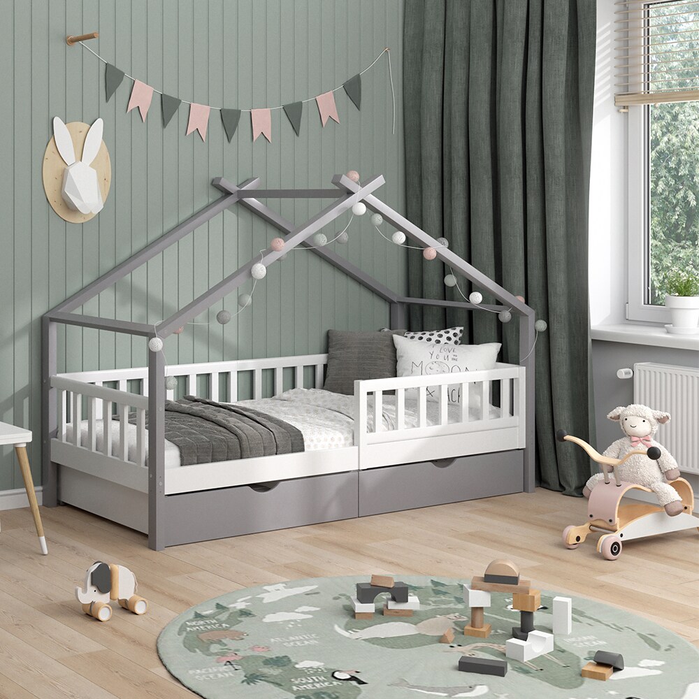VitaliSpa Kinderbett Hausbett Einzelbett Design Weiß Grau modern 90x200 cm Kinderzimmer Bett Massivholz Lattenrost Schublade Rausfallschutz Schubladenbett Matratze