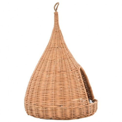 Casinha de gato em formato de tipi na cor natural com almofada.