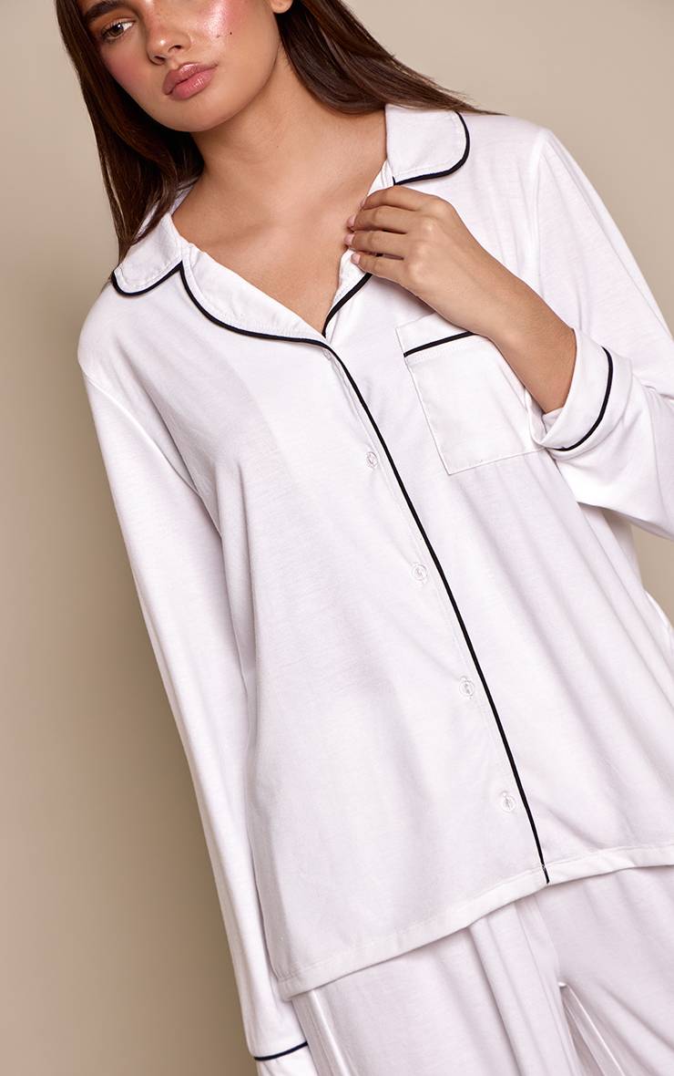 White Contrast Ensemble Pyjama Haut Manches Longues Et Pantalon En Jersey Doux Avec Passepoil