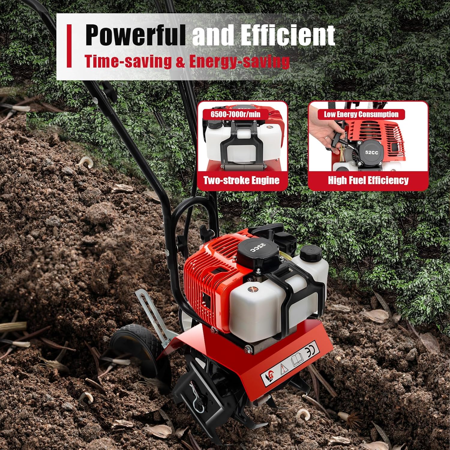 52CC 2-Takt Gartenfräse Motorhacke, 1.9KW Gartenfräse Benzin Kultivator Bodenhacke Bodenfräse Fräse, Benzin-Bodenbearbeitungsmaschine Motorhacke Radantrieb Ackerfräse Bodenfräse Kultivator