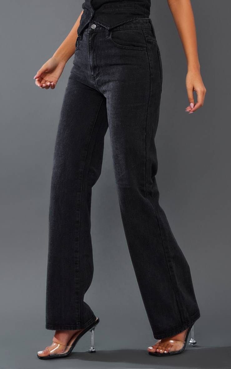 Noir Délavé Jean Droit En Denim Taille Moyenne Coupe Longue