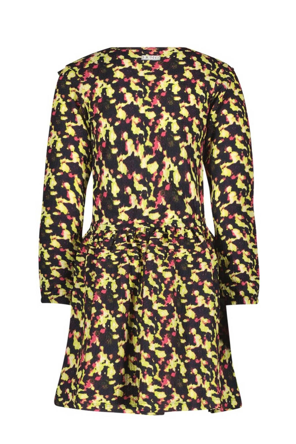 B.Nosy jurk Doutzen met all over print en ruches neon groen/zwart/roze