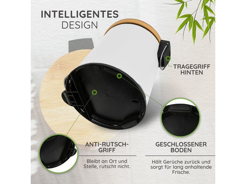 Exitoso Tretmülleimer mit Softclose-Deckel 5 l, Weiss Abfalleimer aus Bambus