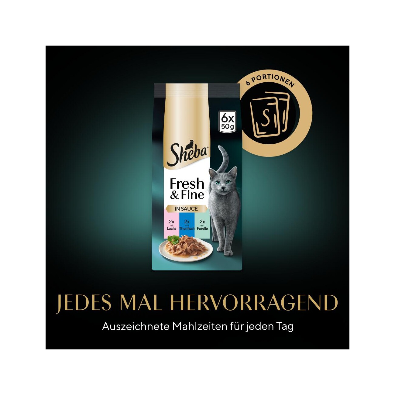 Sheba Fresh & Fine Nassfutter Katze Adult, Multipack, in Sauce 36x50 g Lachs, Thunfisch und Forelle