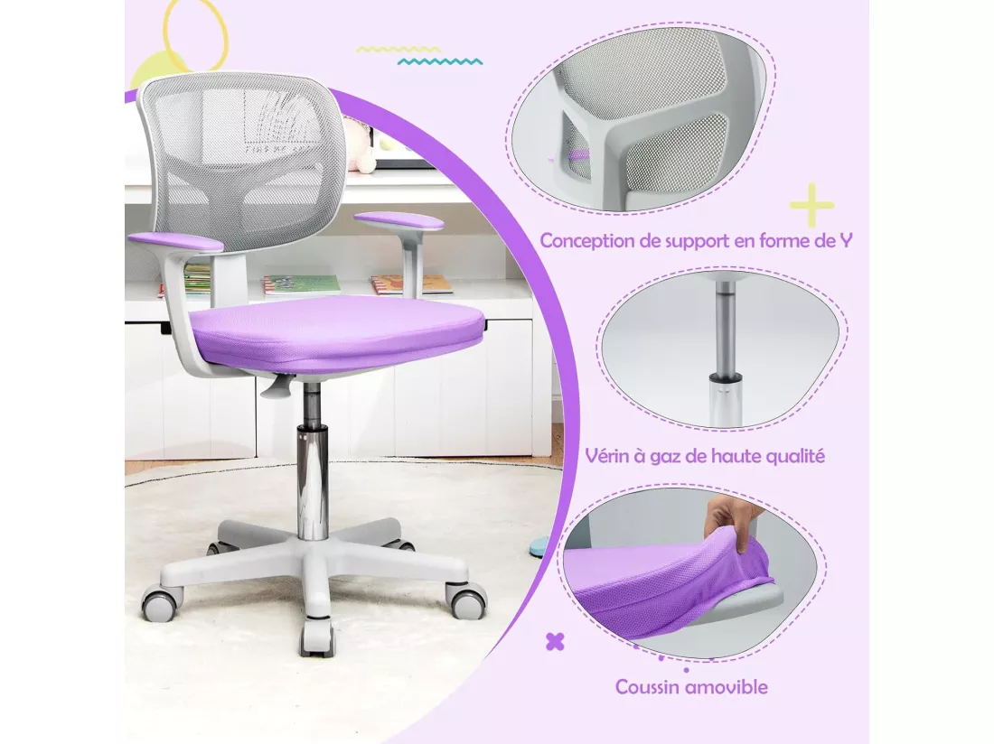 Chaise de Bureau Pivotante Enfants avec Hauteur Réglable 80-91,5cm, Siège à roulettes Enfants avec Dossier & Accoudoirs Ergonomique, Coussin Amovible, Verrouillage Automatique, 3-10 Ans
