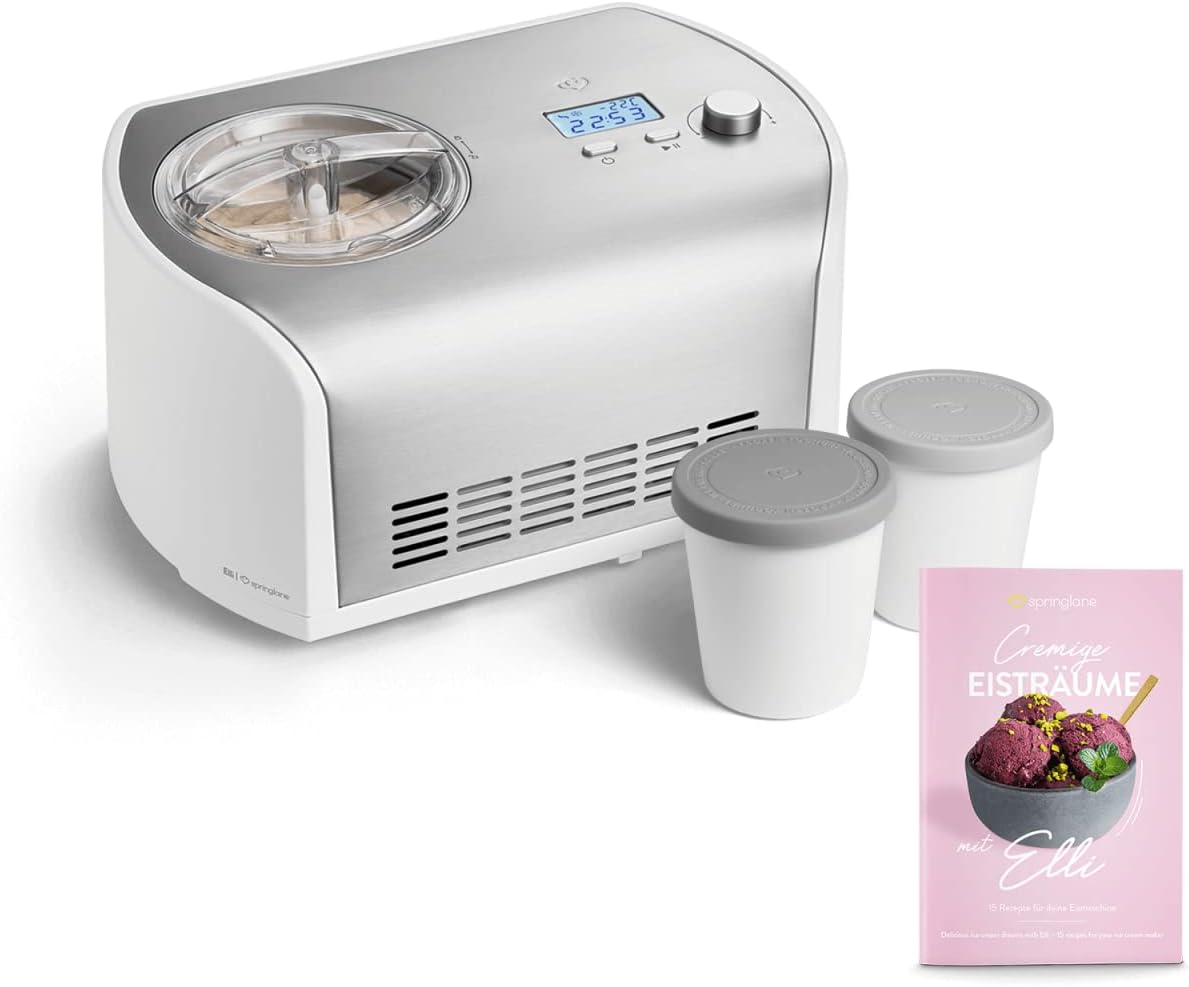 SPRINGLANE Eismaschine Elli 1,2 L mit selbstkühlendem Kompressor 135 W inkl. Aufbewahrungsbehälter 2er-Set, Eiscrememaschine aus Edelstahl mit entnehmbarem Eisbehälter, inkl. Rezeptheft