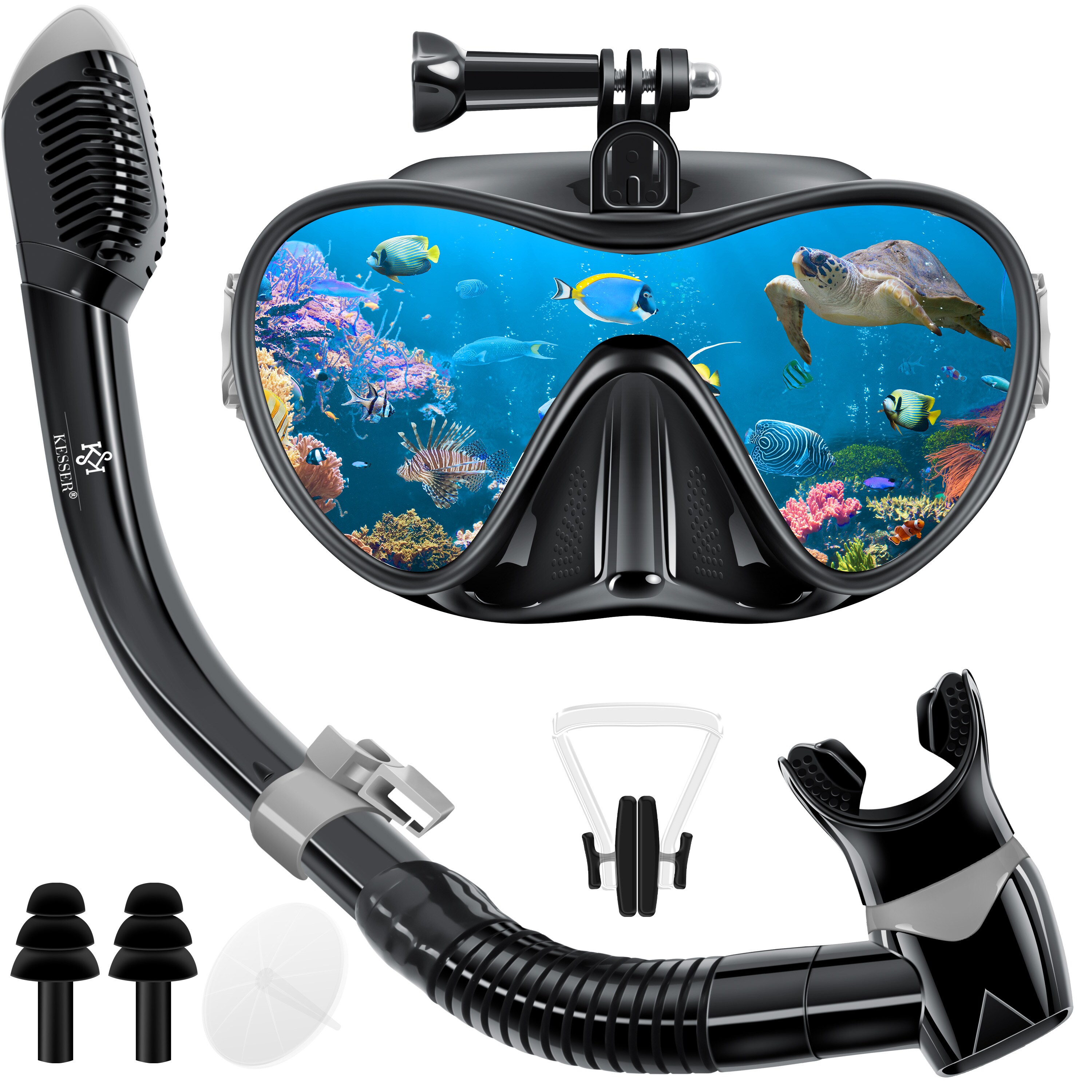 KESSER® Schnorchelset Profi Taucherbrille Schnorchelmaske Tauchset Erwachsene Tauchmaske - Inkl. Action-Cam Halterung - Antibeschlag und Anti-Leck für Freitauchen und Schnorcheln Set Taucherbrille