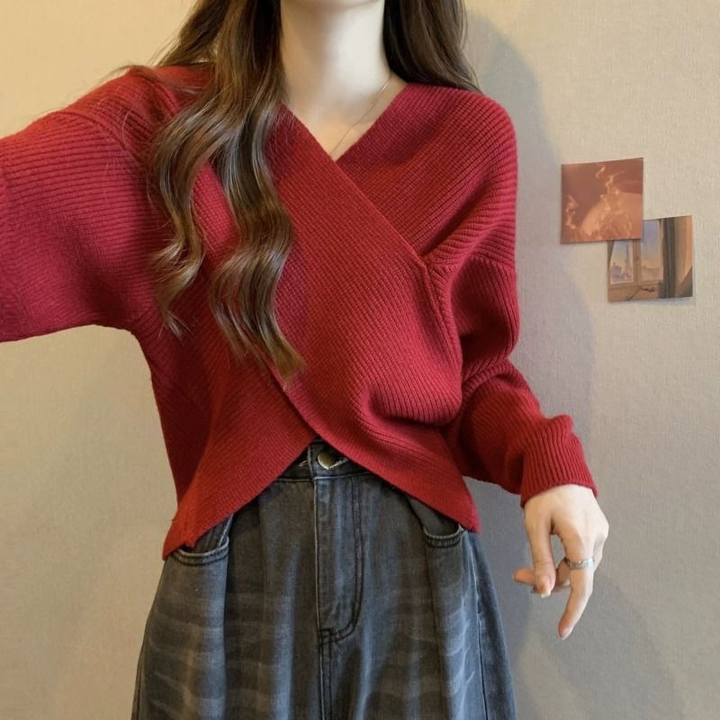 Sisyphi - V-hals effen geribbelde cropped trui