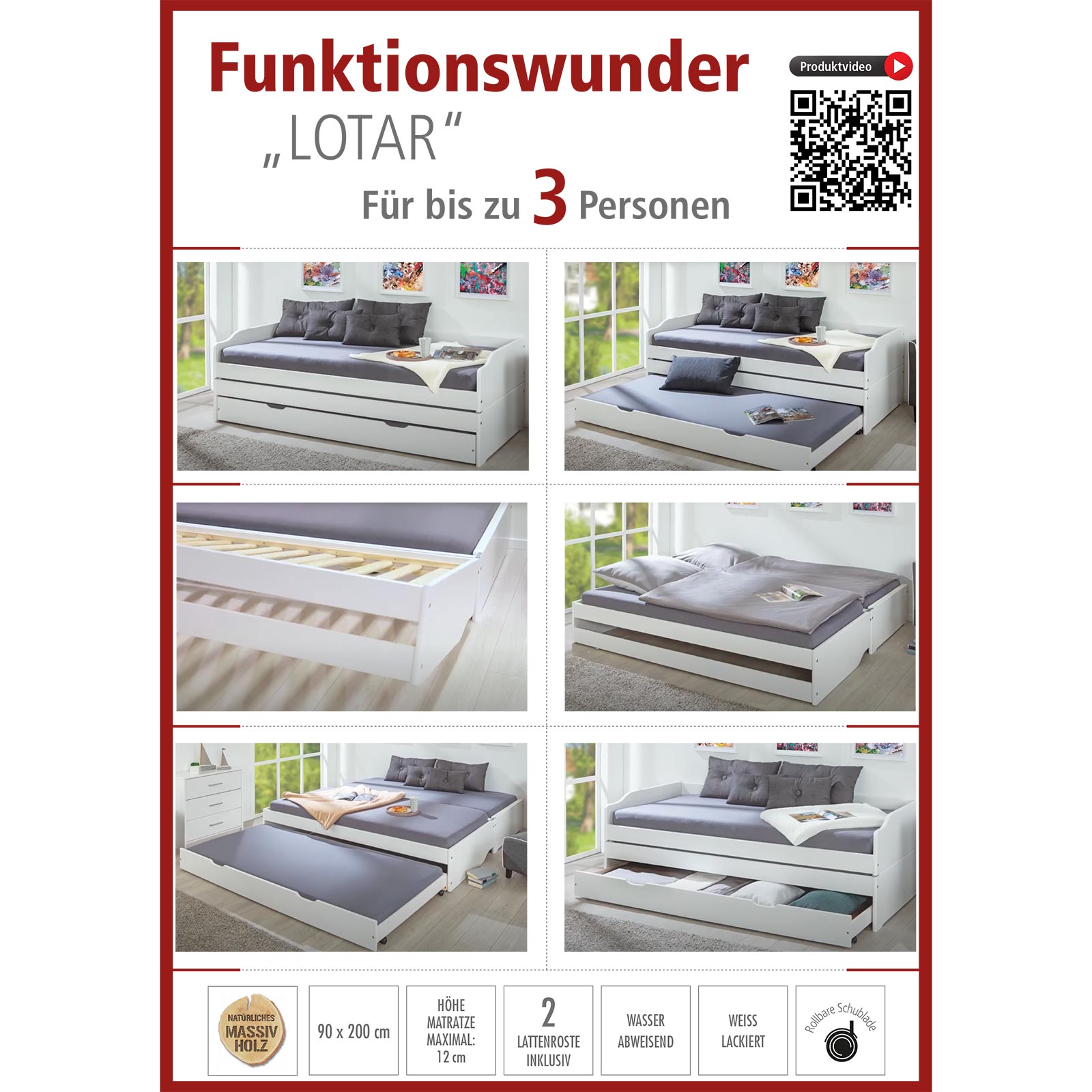 Sofabett LOTAR - weiß - Massivholz - 90x200 cm