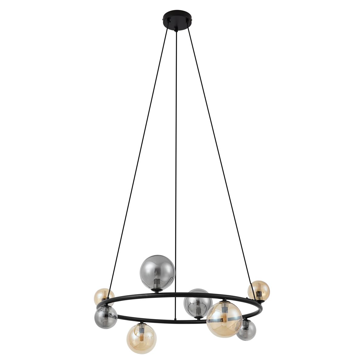 Hanglamp zwart met smoke en amber glas rond 8-lichts - Monaco