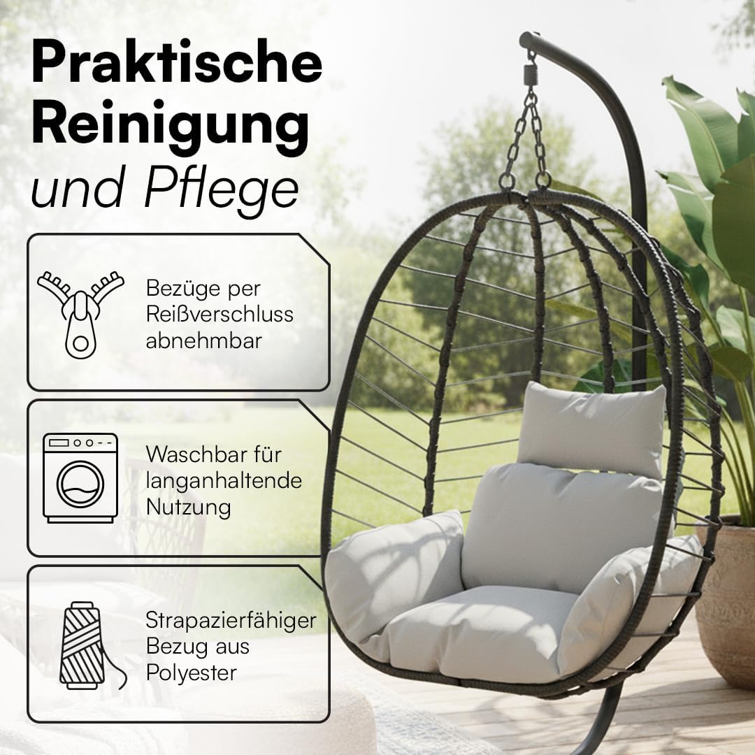 STEELSØN Alarian Hängesessel mit Gestell – Hängestuhl Rattan Outdoor & Indoor mit Kissen – Hängekorb Schwarz/Grau höhenverstellbar – Gartenschaukel Erwachsene/Kinder – Hanging Chair faltbar bis 150kg