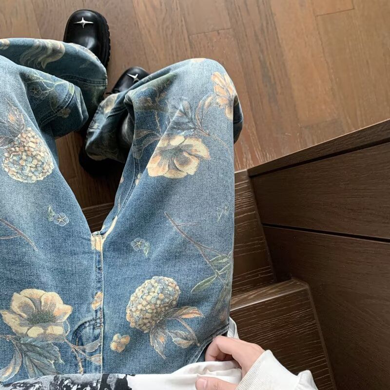 Notica - High Rise Floral Print Washed Wide Leg Jeans