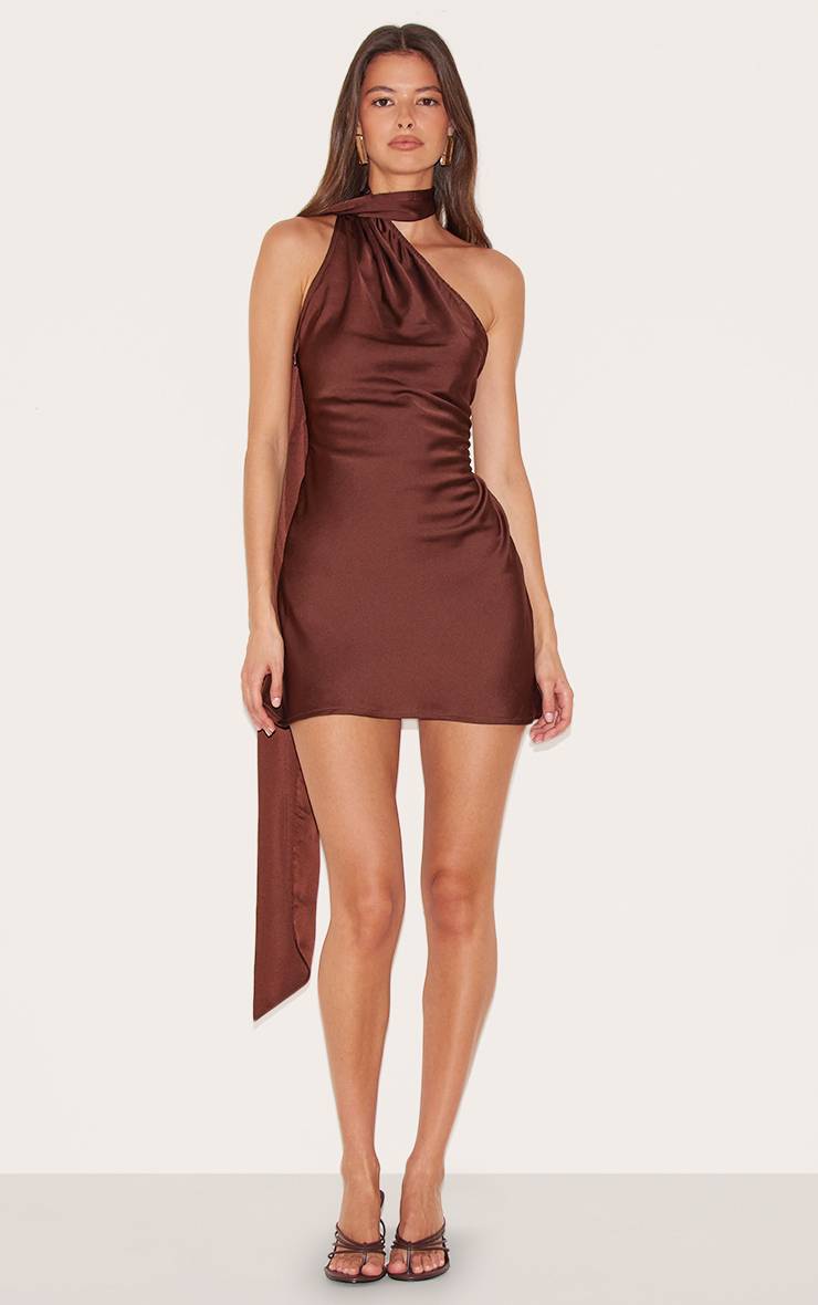 Chocolat Robe Moulante À Détail Foulard En Satin Imprimé Fleuri