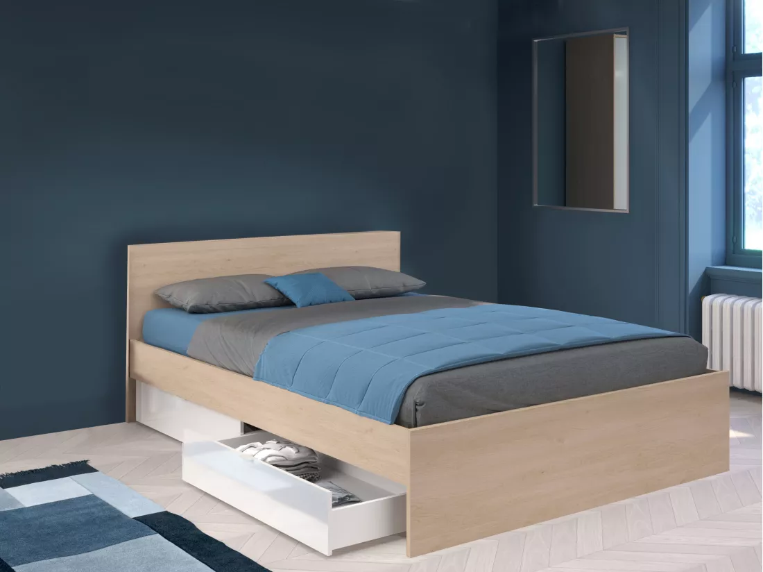 Lit avec 2 tiroirs 160 x 200 cm - Coloris : Naturel et blanc brillant + Sommier + Matelas - VELONA
