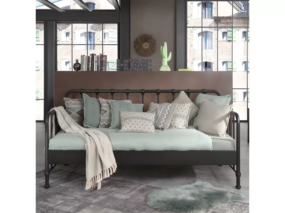 CHICAGO - Lit Banquette à Barreaux 90x200cm Métal Noir