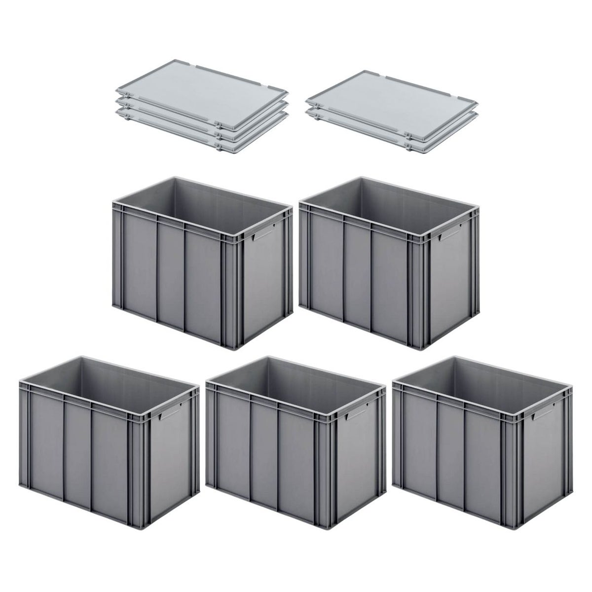 PROREGAL Super Saver Set 5x Eurobakken met gesloten handgreep en scharnierend deksel HxBxD 42 x 40 x 60 cm 70 liter Grijze Eurobox Transportbox
