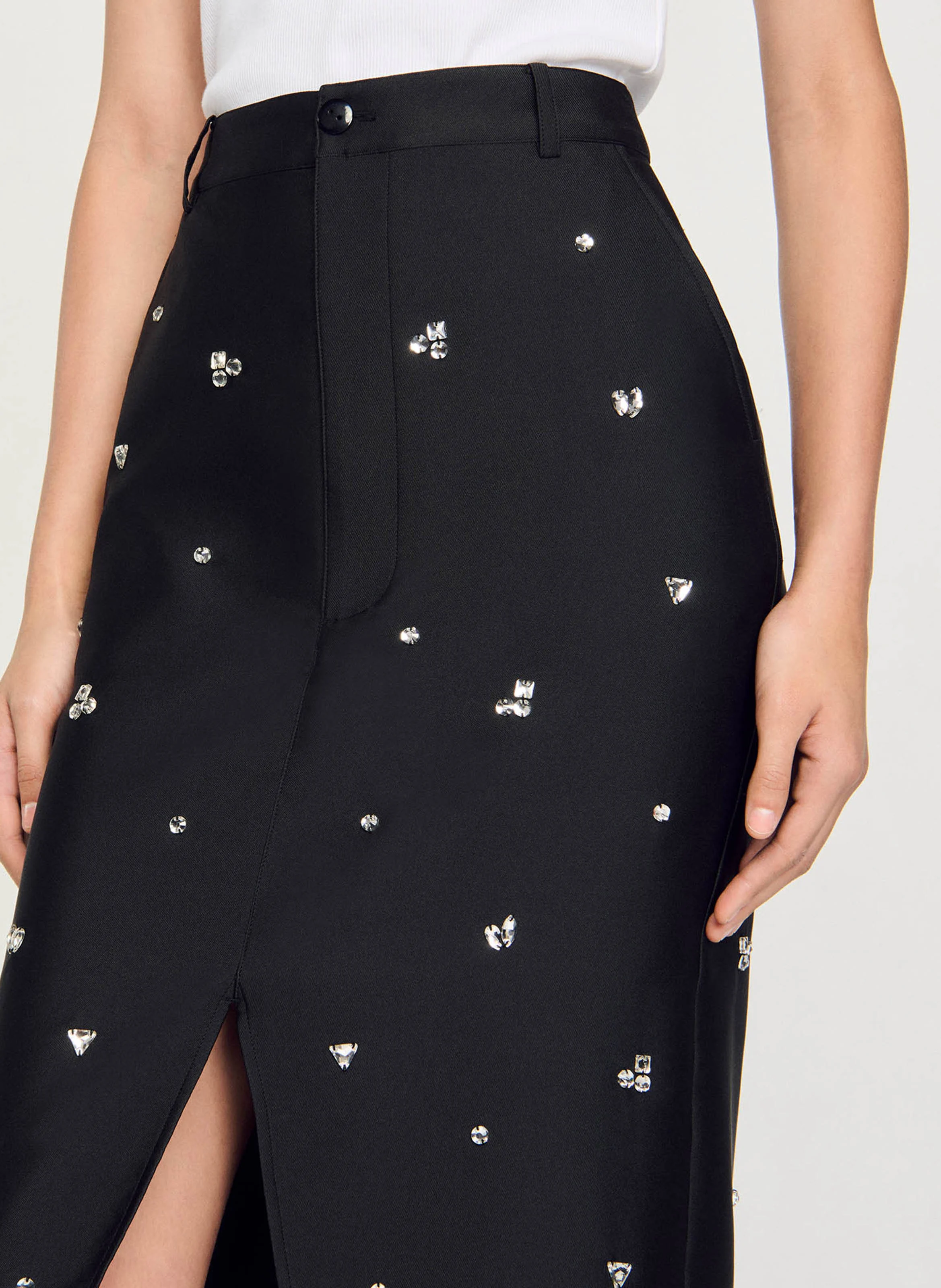 Jupe midi à strass | Noir