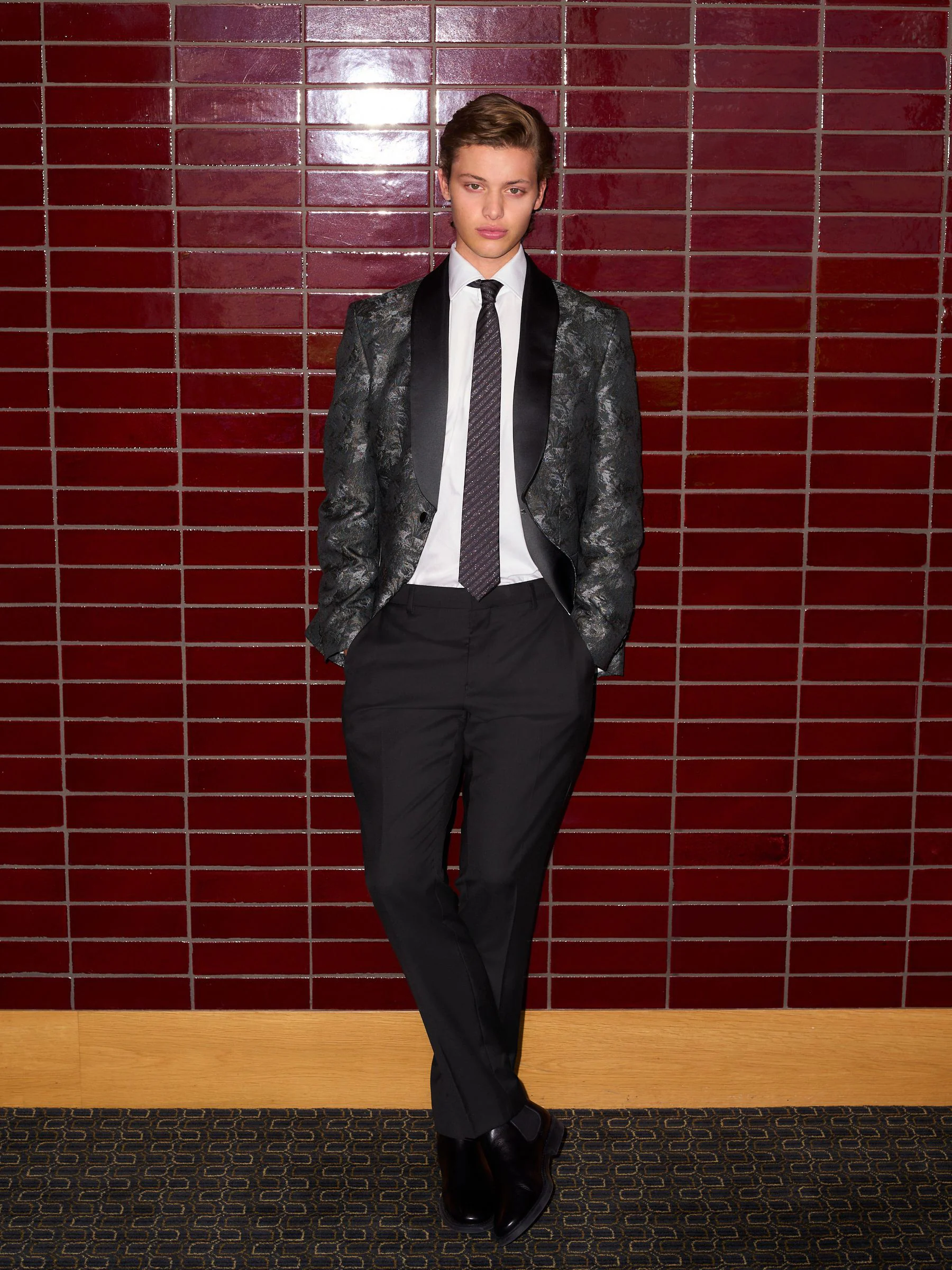 Zwart chroom - Regular Fit Tapestry Design Tuxedo Suit Jacket