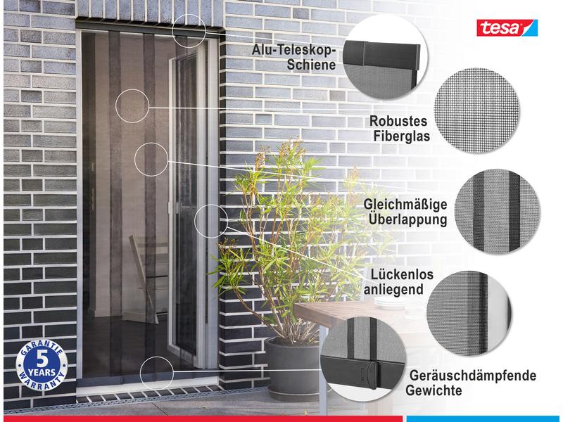 tesa Insektenschutz Lamellentür Teleskopierbar für Terrasse Insektenschutzvorhang mit Lamellen – Fliegengitter für Balkon- und Terrassentüren – mit Teleskop-Funktion – zur einfachen Montage ohne Bohren