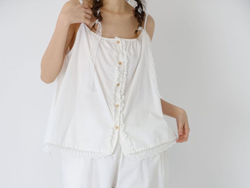 College Affair - Elastische taille, effen oogjes, kanten rand, geplooide cropped broek met wijde pijpen