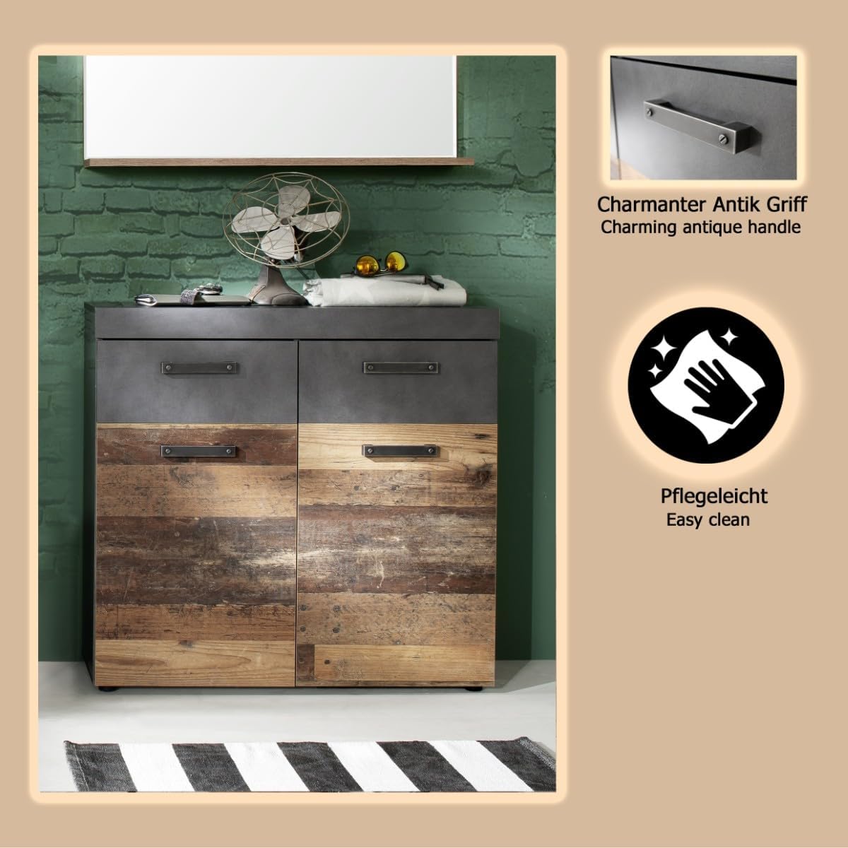 trendteam smart living - Indy - Kommode - Graphit Grau/Alteiche - Platz für bis zu 16 Schuhpaare - (BxHxT) 90 x 89 x 34 cm - rustikales Design