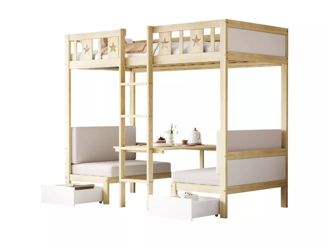 Lits superposés 2 x 90 x 200 cm avec 2 tiroirs - lit/bureau 2 en 1 - pin+contreplaqué+MDF - pour enfant - Naturel + blanc