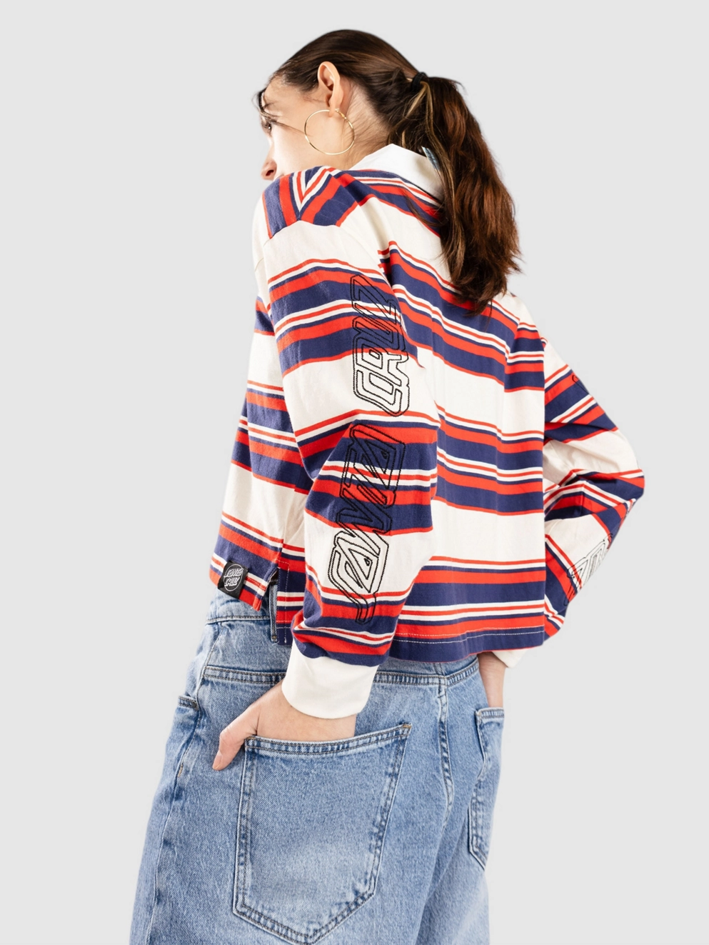 Santa Cruz Monterey Crop Long Sleeve Polo off white stripe